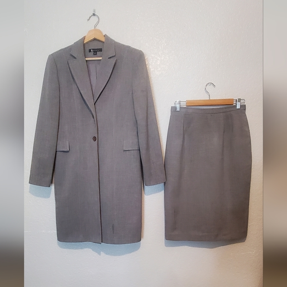 Larry Levine Suit Long Twill Coat Blazer & Skirt Set Classic Tailored Skirtsuit - Picture 4 of 6